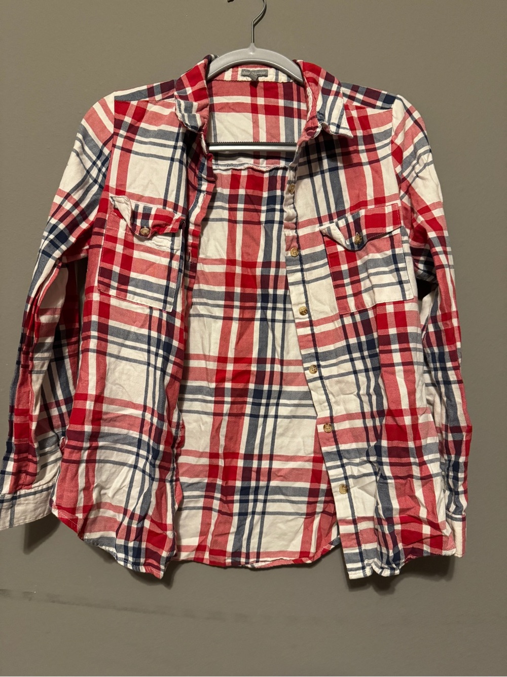Charlotte Russe Red White and Navy Plaid Button-Down Shirt